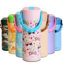 Elemental Insulated Kids Water Bottle, Stainless Steel Water Bottle with Straw Lid & Pop-It Handle, Leak-Proof Water Bottles for School, Boys or Girls, Travelling and Sports, 18oz - Stylish Cat