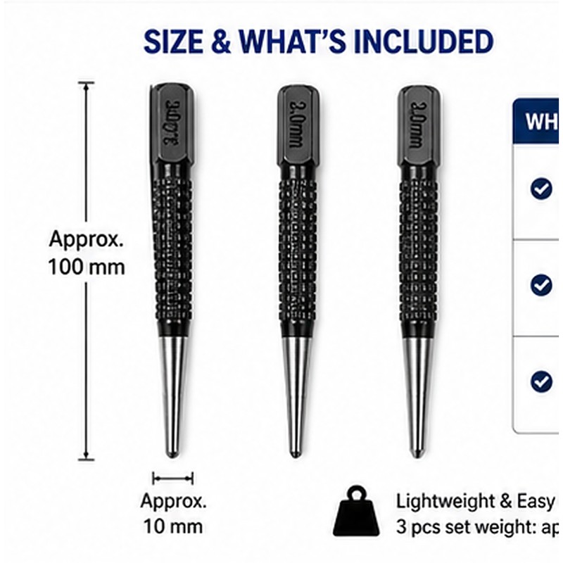 3-Piece Center Punch Set – 1.5 mm, 2.0 mm &