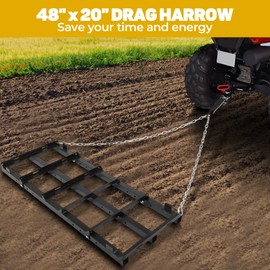 4 FT Drag Harrow, Heavy Duty Driveway Grader, Tow Behind Lawn Rake with Reinforced Chain, Power Rake for ATV UTV Tractor Mower, Land Leveler for Gravel Sand Soil Hay