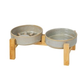 Elevated Slow Feeder Ceramic Dog Bowls Set for Small Size, Raised 2.4" Height, Cute Paw Slow Feeding Food Bowl and Water Bowl with Stand for Small Breed, Cat Dishes,Size 5.2" Dx1.4 H, Non Slip, Grey