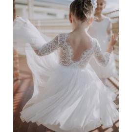 2Bunnies Girl Rose Lace Back A-Line Straight Tutu Tulle Party Flower Girl Dresses (White Long Sleeve Knee, 3T)