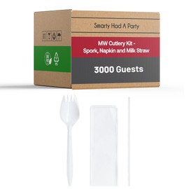 Smarty Had A Party 9000 Piece MW Cutlery Kit Spork, Napkin and Milk Straw Set for 3000 Guests Disposable Sporks, Milk Straws and Paper Napkins Individually Wrapped Bulk