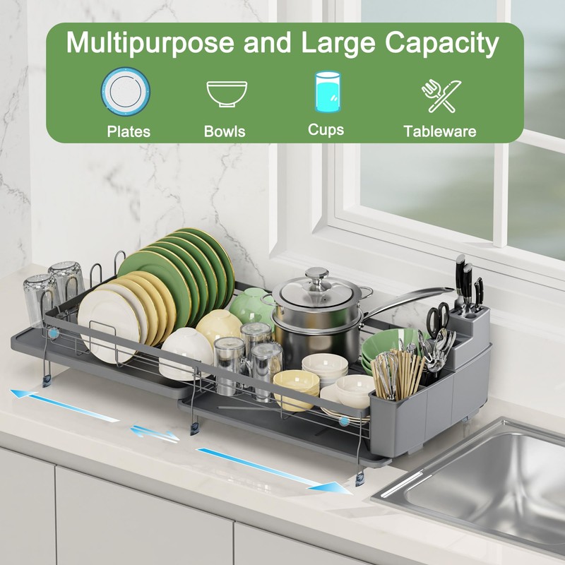 ROTTOGOON Expandable Dish Drying Rack,Multifunctional Adjustable Dish Drainer with Swivel