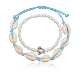 2 PCS Boho Seashell Double Anklets Silver Turtle Ankle Bracelets Layered Weave Foot Chains for Women and Girls