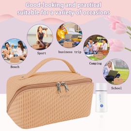 Noelen Gad Bolsa de maquillaje de viaje de gran capacidad para mujer, bolsa de cosméticos portátil, bolsa de cosméticos de piel sintético impermeable, bolsa de maquillaje de viaje con asa y divisor organizador de maquillaje de fácil acceso., Marrón claro