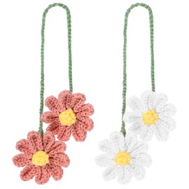 2Pcs Crochet Daisy Car Accessories For Women Girls Cute Flower Rear View Mirror Hanging Charms Handmade Knitted Car Accessories Decor For Car Decor Automotive Interior Aesthetic(White,Pink)