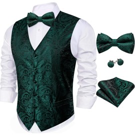 Barry.Wang Mens Waistcoat Bowtie Set Paisley Jacquard Silk V-Neck Vest Handkerchief Cufflinks Formal/Leisure Wedding Party