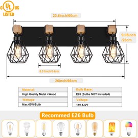FadimiKoo 4-Light Farmhouse Bathroom Light Fixtures Over Mirror, Rustic Wood Vanity Light with Black Metal Cage Lampshade, Rustic Sconces Wall Lighting for Living Room, Bedroom, Hallway