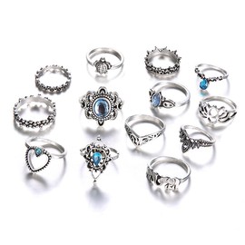 LEEQBCR 13 Piece Crystal Boho Ring Silver Rings Set Finger Rings Fashion Crown Ankle Ring for Women and Girls, Metal