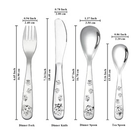 Berglander Children's Cutlery 4-Piece Stainless Steel Children's Tableware Set, Child Safe Fork and Spoon Flat Tableware, Highly Polished Smooth Round Edge, Dishwasher Safe