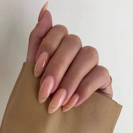 MERVF Almond Press on Nails Medium Fake Nails French Tip Stiletto Glue on Nails with Glitter Lines Design Acrylic Nails Press ons Nude False Nails 24pcs Glossy