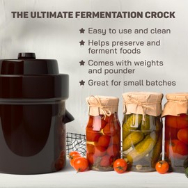 Fermentation Crock 1/2 Gallon - Sauerkraut Crock with Lid, Weights & Pounder - Ceramic Fermenting Crock Kit for Pickling Cabbage Kimchi Vegetables - 2 Liter Fermentation Jar - Stoneware Pickle Pot