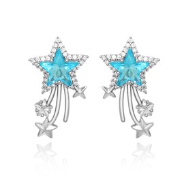 Sparkle Tiny Small Stars Meteor Sky Blue CZ Ear Stud Bling Five-points Earrings Dainty Silver Cool Sterling Silver Stud Punk Grunge Chic Earrings Trendy Fashion Cute Celestial Jewelry, Cubic Zirconia,