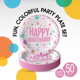 Exquisite Pink Birthday Paper Plates 9 Inch Heavy Duty Paper Plates 50 Pcs Pink Disposable Plates, Paper Plates Disposable Heavy Duty 350 GSM Disposable Plates For Party Pink Birthday Plates For Party