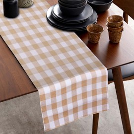 Table Runners 72 inches Long Buffalo Plaid Check Cotton Classic Stylish Design for Family Dinner Christmas Holiday Birthday Party Table Home Decoration (Beige/White, 14x72)