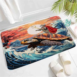 Funny Cat Bath Mat Asian Style Nautical Kitten Riding Turtle Blue Great Waves Vintage Japan Anime Sea Animal Rug Non-Slip Bathroom Mat Bath Mat Rug