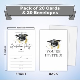 Ketsord 20 Graduation Party Invitation Cards With Envelopes - Watercolor Grad Cap - Double Sided Fill In Style Graduation Invites, Party Favor & Supplies - A03