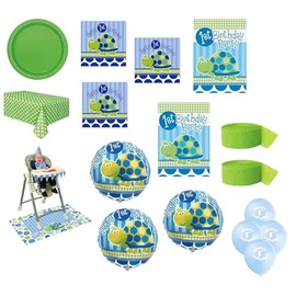 Boys 1st Birthday Turtle Themed Party Supplies Bundle for 16 Guests Includes Plates, Napkins, Table Covers, High Chair Kit, Streamers, Mylar and Latex Balloons, Invitations
