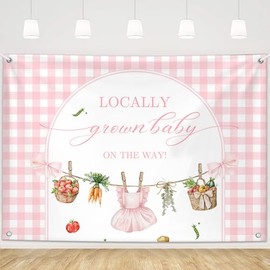 MEHOFOND 7x5ft Locally Grown Baby Shower Backdrop Decor for Girls, Pink Farmer's Market Baby Shower Banner Fruit and Vegetables Banner for Farm Fruit Theme Party