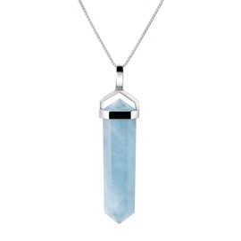 Franki Baker Natural Aquamarine Gemstone Double Point Pendant Necklace on 925 Sterling Silver Box Chain. Chain Length: 50cm