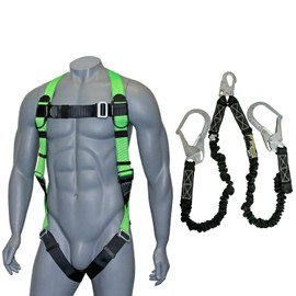 AFP Universal Full-Body Fall Protection Safety Harness with Dorsal D-Ring and Mating Buckle Legs | Roofer, Construction, Scaffolding PPE | High-Visibility Green | Shock Absorbing Lanyard (OSHA/ANSI)