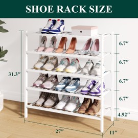 Smiry Bamboo Shoe Rack for Closet, 5 Tier Wooden Stackable Shoe Organizer, Free Standing Shoes Storage Shelf for Entryway, Front Door Entrance, White
