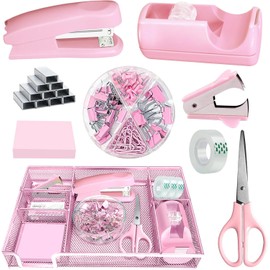 Pink Office Desk Accessories, Desk Drawer Organizer,Stapler and Tape Dispenser Set,Tape Dispenser, Staple Remover, Staples, Clips,Scissor and Sticky Note,Gifts for Women Office Clerks (Pink)