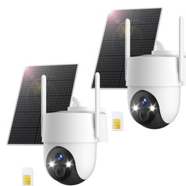 4G LTE Cellular Solar Security Camera, No WiFi Security Camera, 360° View, 2K Night Vision, PIR Detection, 2 Way Audio, Motion Alerts, Built in SIM Card (2-Cam Pack)