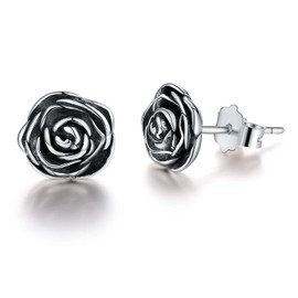 Esberry ✦Gifts for Christmas✦ 18K Gold Plating 925 Sterling Silver Rose Stud Earrings Hypoallergenic Flower Earrings Jewelry for Women and Girls (Antique Silver)