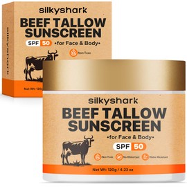 SilkyShark Beef Tallow Sunscreen (4.2 Oz), Tallow Sun Screen Waterproof, Reef Safe Sunscreen SPF 50, Travel Size Moisturizing Sunblock for Face & Body, Natural SunScreens, Non-Greasy & Fragrance-Free