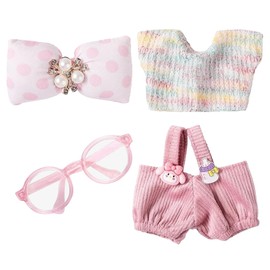 MLPKOI 4 Pcs Doll Clothes for 17cm Plush Doll, Clothes Accessories, Includes Overalls, Clothing, Glasses Birthday Holiday Present for Girls Kids