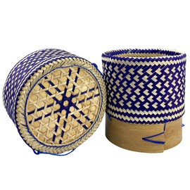 PANWA Bamboo Sticky Rice Serving Basket Thai Kratip Container 100% Handmade Traditional Village Handicrafts with Vegetable Plant Based Dye Coloring Shades Food Safe (Butterfly Pea)