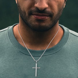 Sliver Cross Chain Necklace for Men, Mens Cross Necklaces Stainless Steel Cross Pendant Necklace for Men Cross Necklace for Men Silver Cross Chain for Men Jewelry Gifts Rope Link Chain 18 Inch