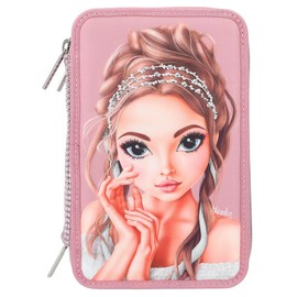 Depesche 12522 TOPModel Glitter Queen - Filled 3-Compartment Pencil Case with Rhinestones on the Front and Decorated Back, Pencil Case with Coloured Pencils, Ruler, Scissors and much more