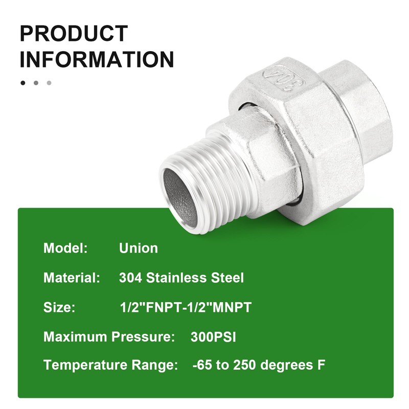 TAISHER 2PCS 304 Stainless Steel Union，1/2" NPT Male x 1/2"