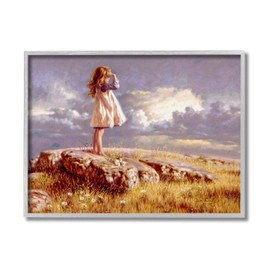 Stupell Industries Girl Gazing on Meadow Rock Sunset Clouds Jim Daly Grey Framed Wall Art, 16 x 20