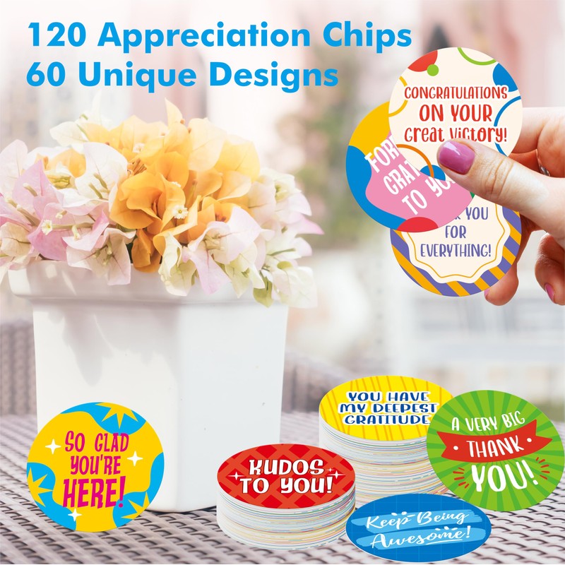 120 PCS Appreciation Chips, 60 Designs Thanks Round Tokens Employee