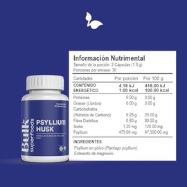 BULK SUPERFOODS - Psyllium Husk 100% Natural - 60 Cápsulas 500 mg c/u – Sin Gluten y Apto Dieta Keto - Suplementos Alimenticios a Base de Psyllium Hus