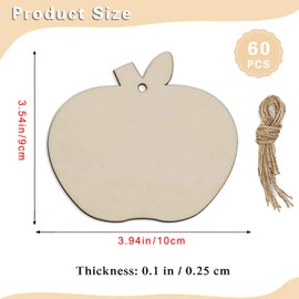 60 Pieces Wood DIY Craft Cutout Wooden Apple Shaped Hanging Ornaments with Hole Hemp Ropes Gift Tags for Wedding Birthday Christmas Party Decoration