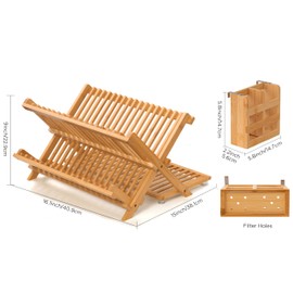Oyydecor Bamboo Dish Drying Rack with Utensil Holder, 3 Tier Collapsible Dish Rack for Kitchen Counter, Large Folding Drying Holder, Dish Drainer, Kitchen Organizers and Storage