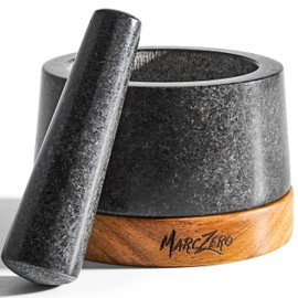 MarcZero 6inch Large Mortar and Pestle Set with Anti-Scratch Wooden Base,Heavy Duty Mortar and Pestle Made of Natural Granite(Black)