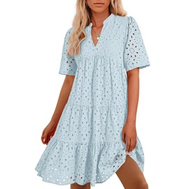 BTFBM Womens Boho Summer Dresses 2025 Resort V Neck Short Sleeve Hollow Out Lace Ruffle Casual Beach Mini Vacation Dress(Light Blue, Large)