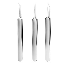 YIKUBO Square Plug Remover, Tweezers, Square Plug, Black Head Tweezers, Precision Tweezers, Stainless Steel Acne Needle, Acne Removal Kit, Portable, Comes with Storage Case, Silver, 3 Piece Set
