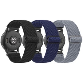 Amzpas Pack of 3 Wristbands for Garmin Vivoactive 5/Vivoactive 3/Vivomove 3/HR/Luxe/Style, Nylon, 20 mm, Adjustable Elastic Replacement Wristbands for Garmin Forerunner 55/245/645 (Black/Blue/Light