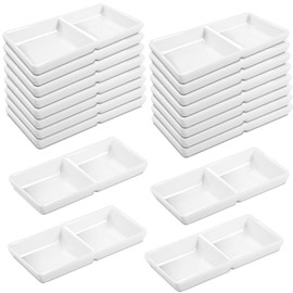 TANEMUDO 16 Pcs Dual Dipping Sauce Bowls with Two Compartments Melamine Soy Sauce Dish Divided Fondue Plates Party Trays for Kitchen Sushi Restaurant (White)