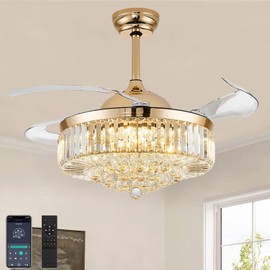 42'' Fandelier Ceiling Fan with Light, Chandelier Fan for Bedroom Living Room, LED Dimmable, 6 Wind Speed Retractable Crystal Ceiling Fan