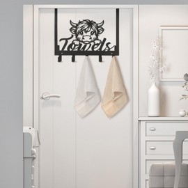 Kathfly Highland Cow Over The Door Hooks Highland Cow Towel Hooks Heavy Duty Hanging Towel Rack Over Door Hanger, 5 Coat Hanger for Bedroom Bathroom Kitchen, Black