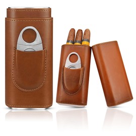 SUNOYA Cigar Case for 3 Cigars, Leather Cigar Case, Leather Cigar Case with Cigar Cutter, Portable Humidor Cigar Case for Travel Short Trips Gifts for Men (Brown)