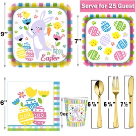 PAMMYAN Easter Buuny Party Supplies Tableware Set - 25 Set Happy Easter Dinnerware Tablecloth Set - Egg Paper Plates Napkins Cups, Gold Plastic Forks Knives Spoons for Spring Holiday Party