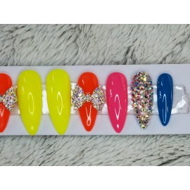 nailed by rachel Neon Rainbow bling nails crystal bow Gel Press On nails diamond long stiletto